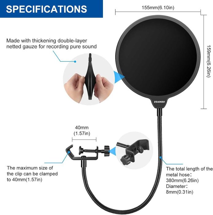 Професионална маска за поп филтър Aokeo за микрофон Blue Yeti