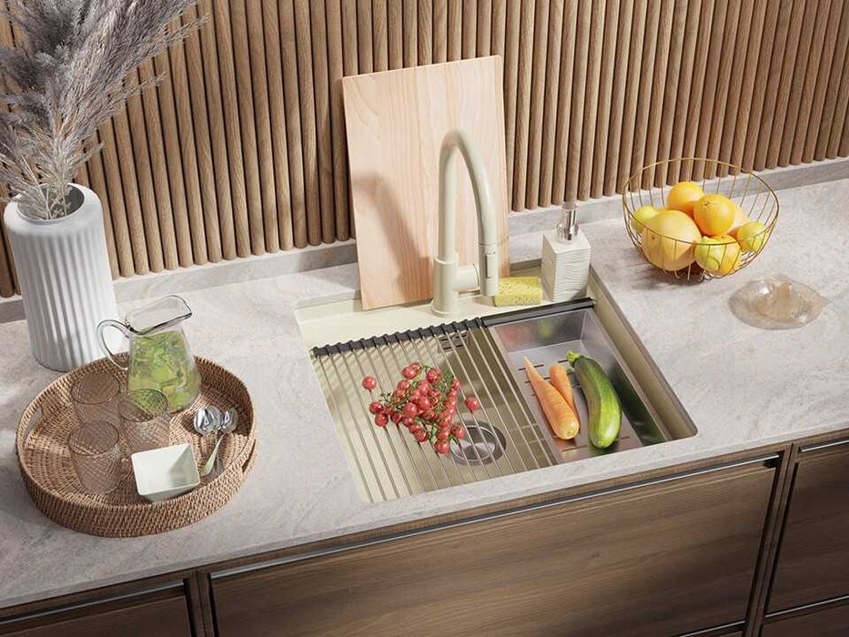 Бежава кухненска мивка за вграждане под плот Берген 60 Low 560x530 мм