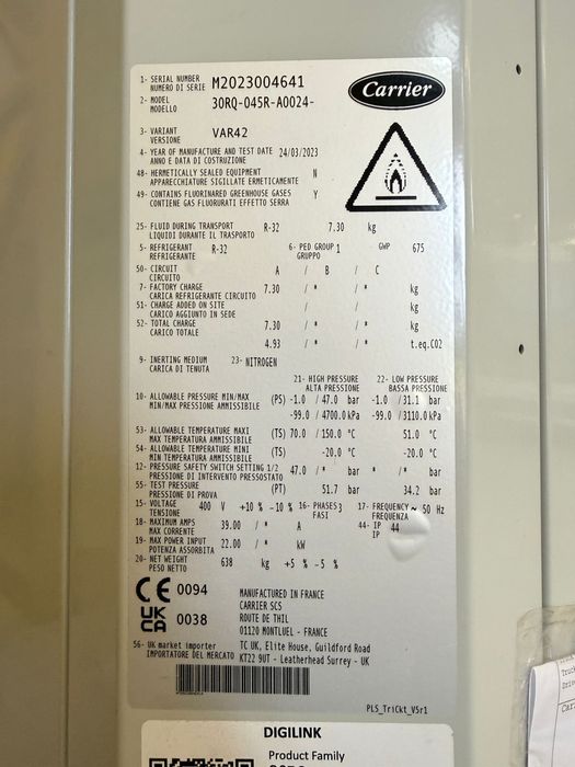 Pompa de caldura Carrier noua 45 kw cu 10 ventiloconvertoare