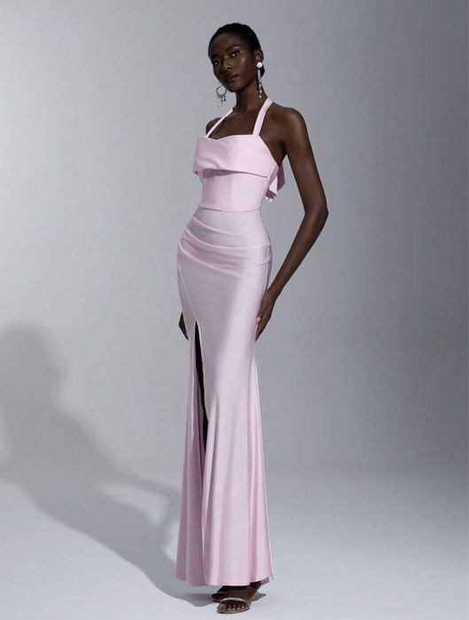 Чисто нова Елегантна, официална, дълга розова рокля с цепка, размер L  Л, материя сатен и еластан, за бал или гост на сватба