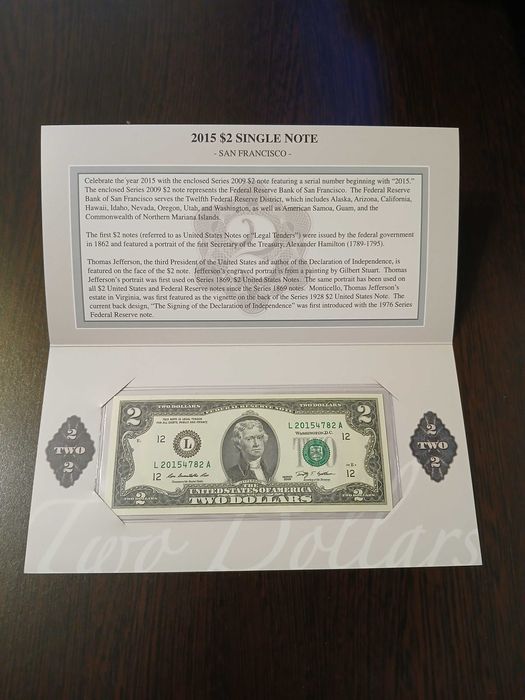 Bancnota 2 dolari in pliant emisa de rezerva bancii federale americane