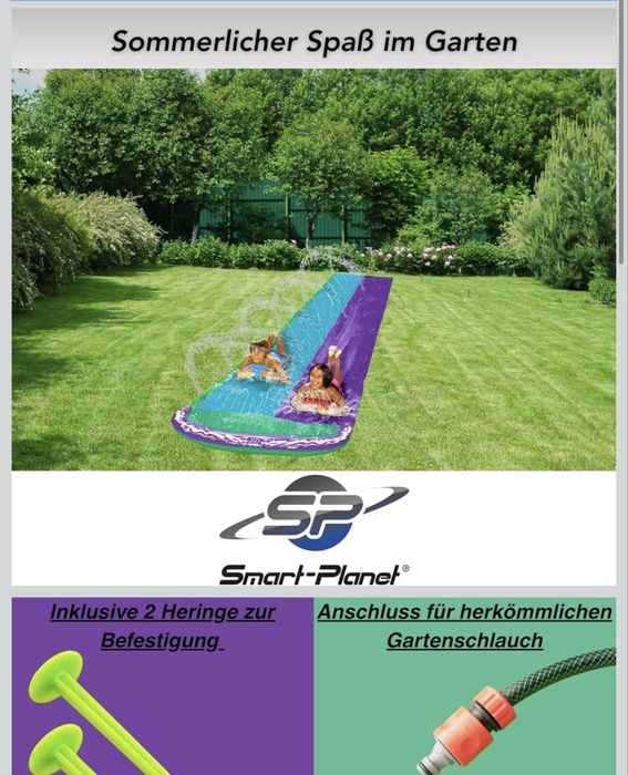 Двойна водна пързалка Smart-Planet XXL за деца, изключително стабилна - 482 см x 145 см - градински воден канал с разпръсквач и връзка за маркуч