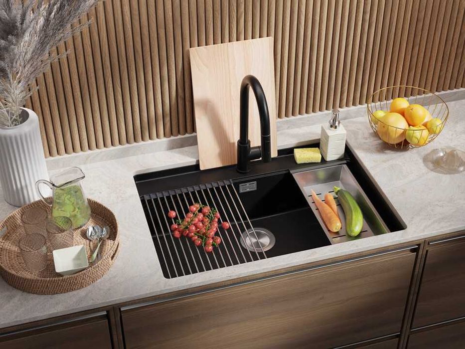 Черна кухненска мивка за вграждане под плот Берген 80 Low 760x530 мм
