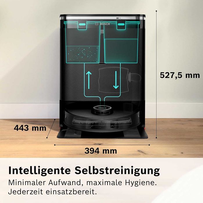 Прахосмукачка робот Bosch Spotless Max BCRDW3B с функция за избърсване, всмукателна мощност 11 000 Pa, моп, станция за мокро и сухо почистване