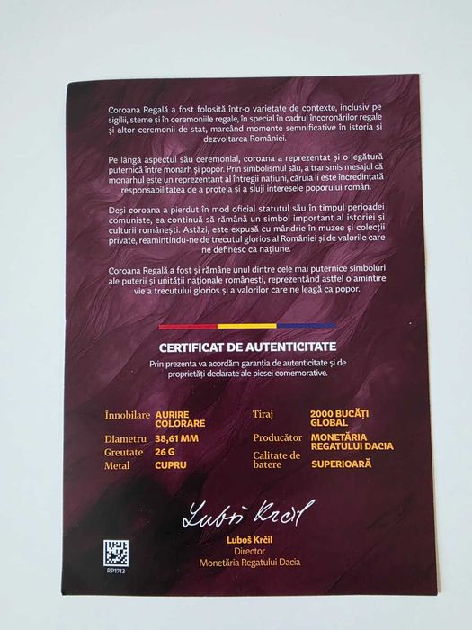 Monedă Coroana Regală a României - Înnobilată cu aur