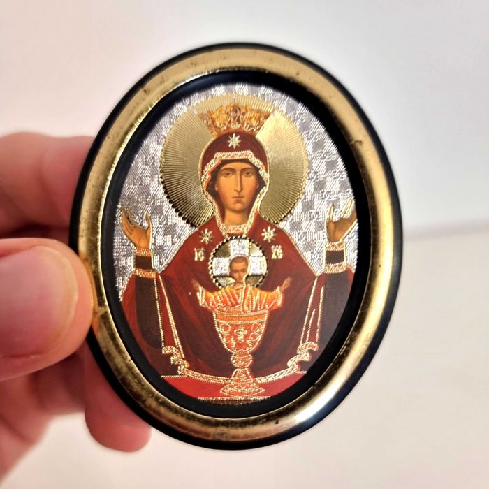 Icoana mica rotunda crestin ortodoxa Fecioara Maria si Pruncul Iisus