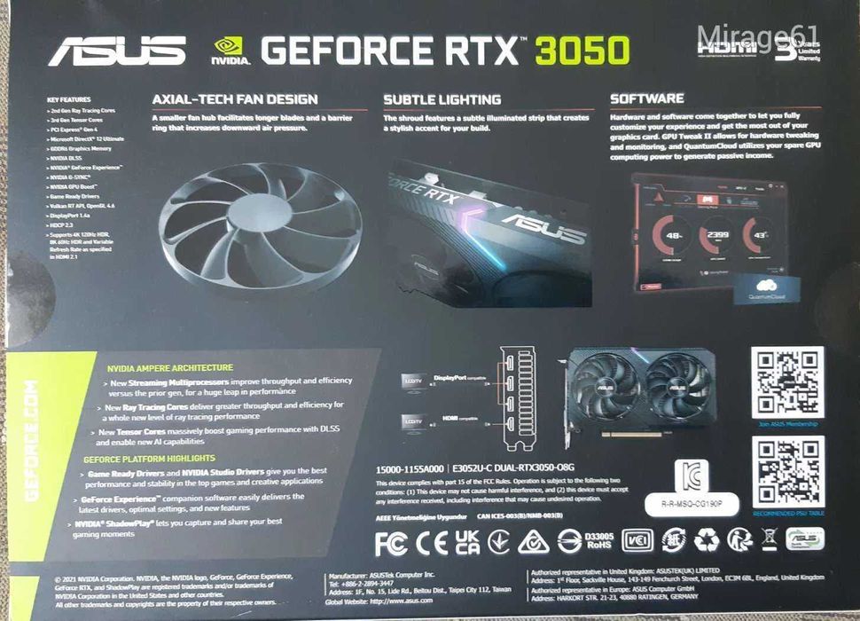 Placa video Gaming Asus GeForce RTX 3050 DUAL OC LHR 8GB Sigilata Noua