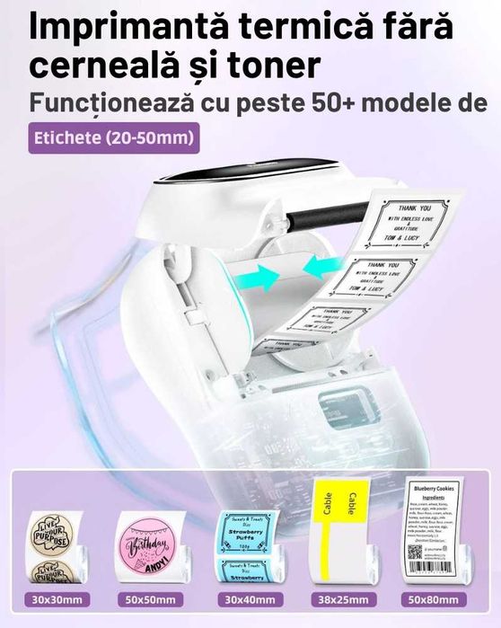 Imprimanta Termica pt Etichete cu Aplicatie si Rola Inclusa 40 x 30 mm