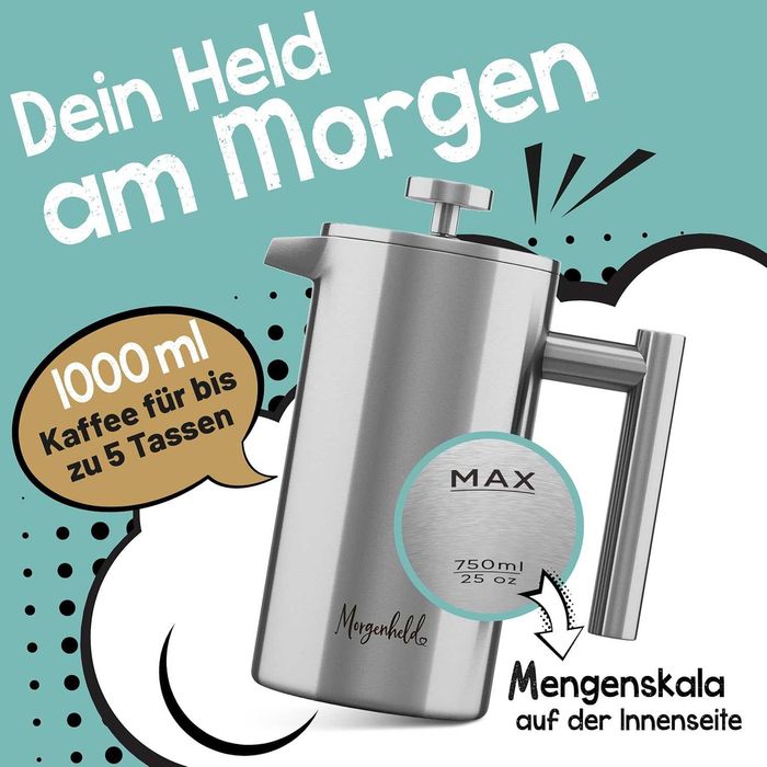 Френч преса Morgenheld Premium от неръждаема стомана 1000 мл