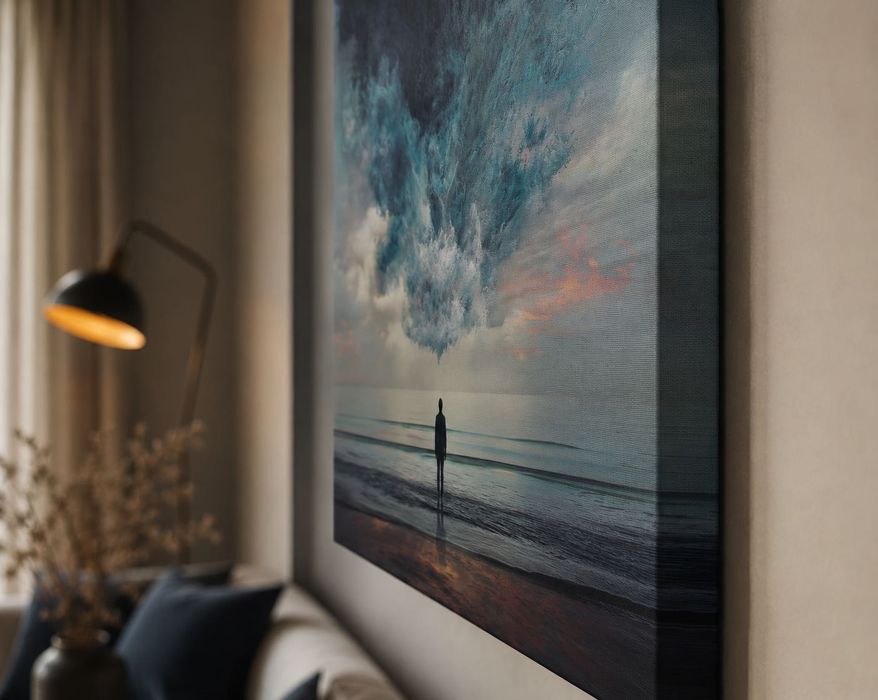 Tablou canvas Neclintit, om pe plajă sub furtună, artă surrealistă, 60×60 - 100×100 cm