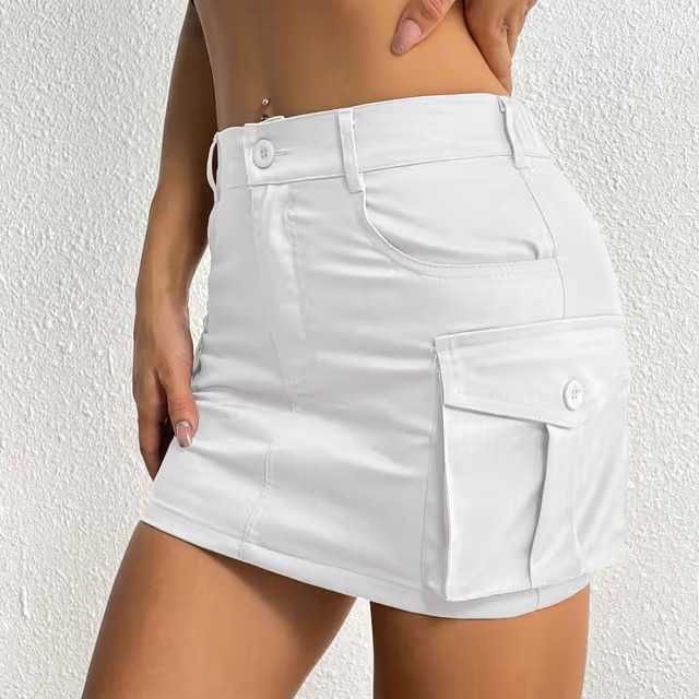 Fustă mini denim damă talie joasă cargo nasturi cu buzunare – Alb M