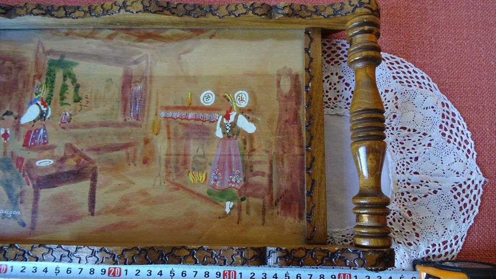 Ръчно рисувана дървена табла за сервиране Елзаски декор Вентидж.