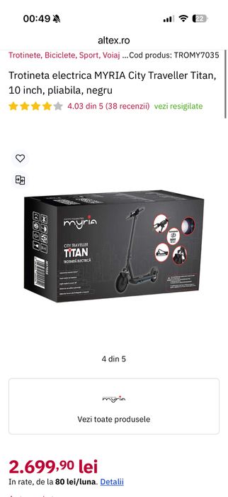 Trotineta electrica MYRIA City Traveller Titan MY7035, 10 inch, pliabila, negru