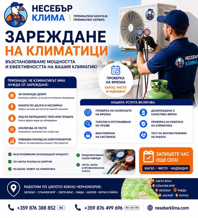 Зареждане на климатици с фреон в Несебър, Слънчев бряг, Свети Влас и Равда