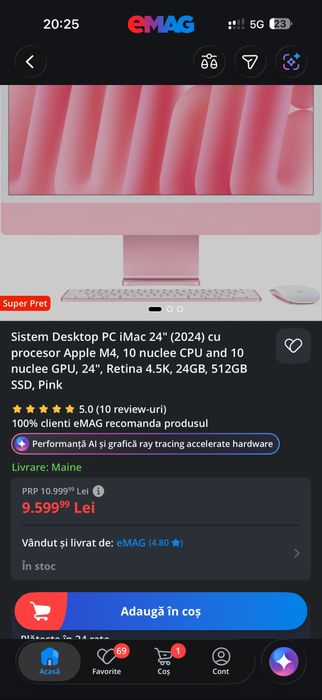 Sistem Desktop PC iMac 24" (2024) cu procesor Apple M4, 10 nuclee CPU and 10 nuclee GPU, 24", Retina 4.5K, 24GB, 512GB SSD, Pink