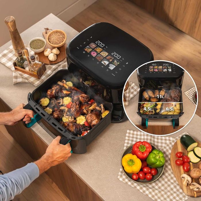 Двоен фритюрник с горещ въздух Cecotec | Cecofry&Grill Smokin'Prime 11000 | Мощност 2800 W | Капацитет 11 л | Черен