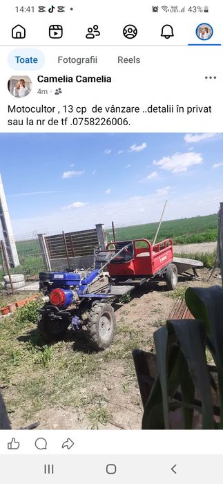 Motocultor  13 cp , complect cu remorcă și 2 freze ..3 750 usor negociabil ..detaliii  la nr 0761909573 sau msj