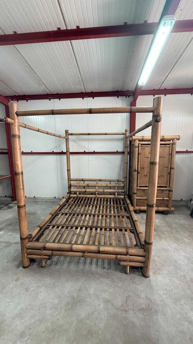 Set mobilier bambus: pat dublu baldachin + dulap, aspect exotic/tropical