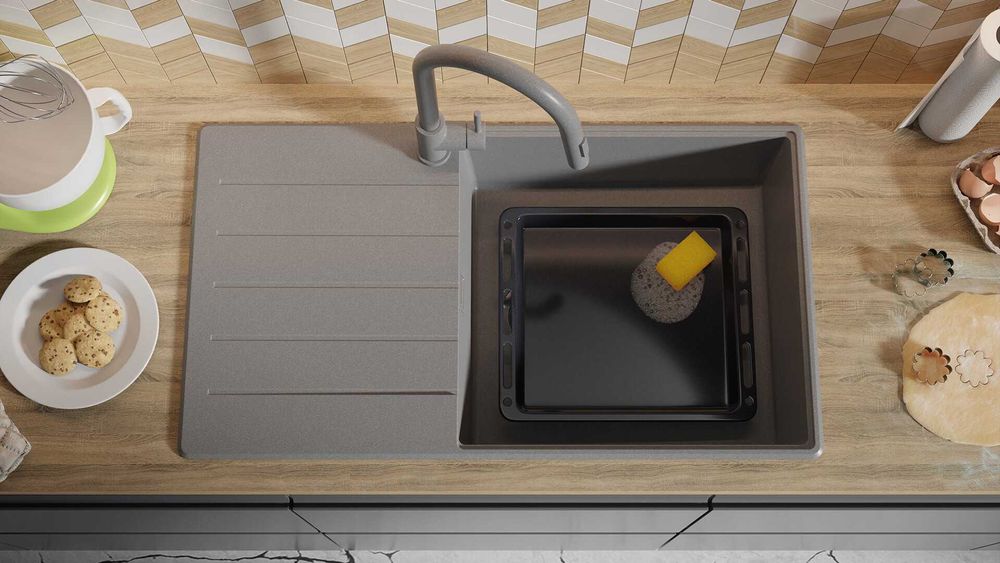 Сива кухненска мивка от гранит Копенхаген 60 Top 900х500