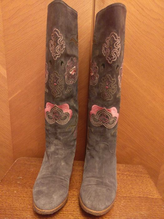 cizme lungi piele intoarsa, gri albastru, marimea 36, toc ascuns 3 cm