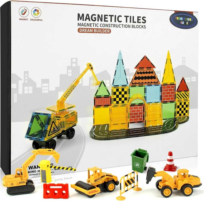 Детски строителни магнитни блокчета пътни части, 3 строителни камиони
