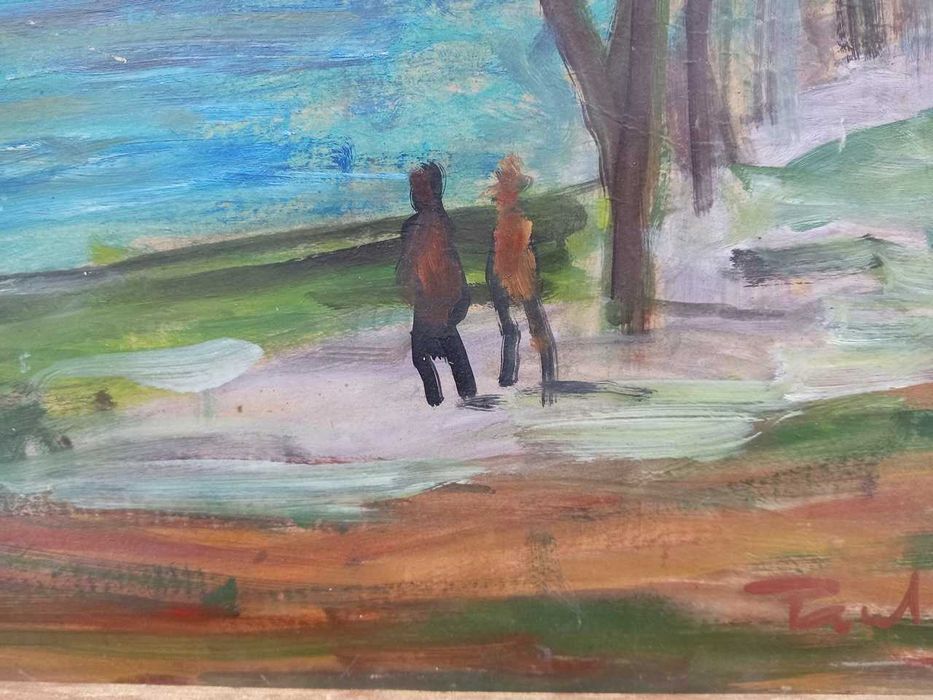 Tablou vechi - plimbare pe malul raului - semnat Paul Verona