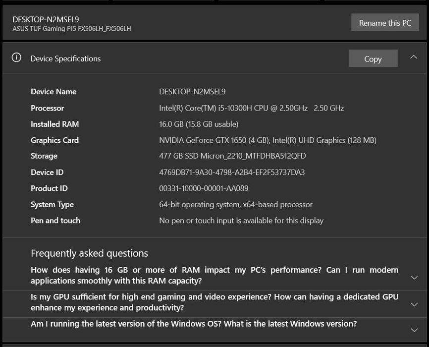 ASUS TUF Gaming F15, i5,GTX 1650 4GB,16GB RAM, 512GB SSD, 15.6", 144Hz