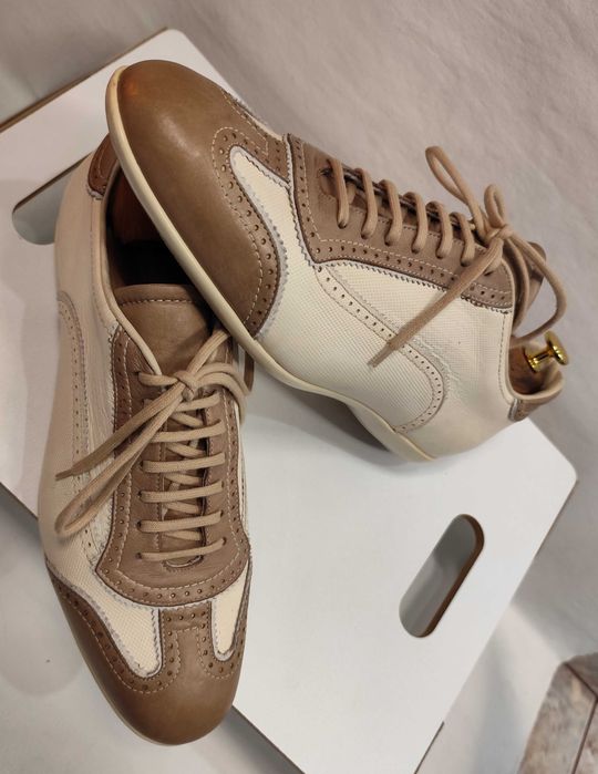 Pantofi casual de lux 43 43.5 SANTONI piele naturala moale alb bej camel