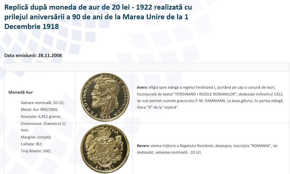 Moneda 20 lei aur, Ferdinand 1922 rebatere BNR 2008, gradata NGC MS 68