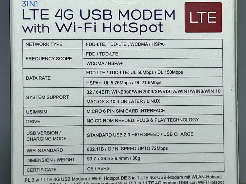 Универсальный 4G LTE Wi-Fi USB-модем (раздает от Power Bank / авто)