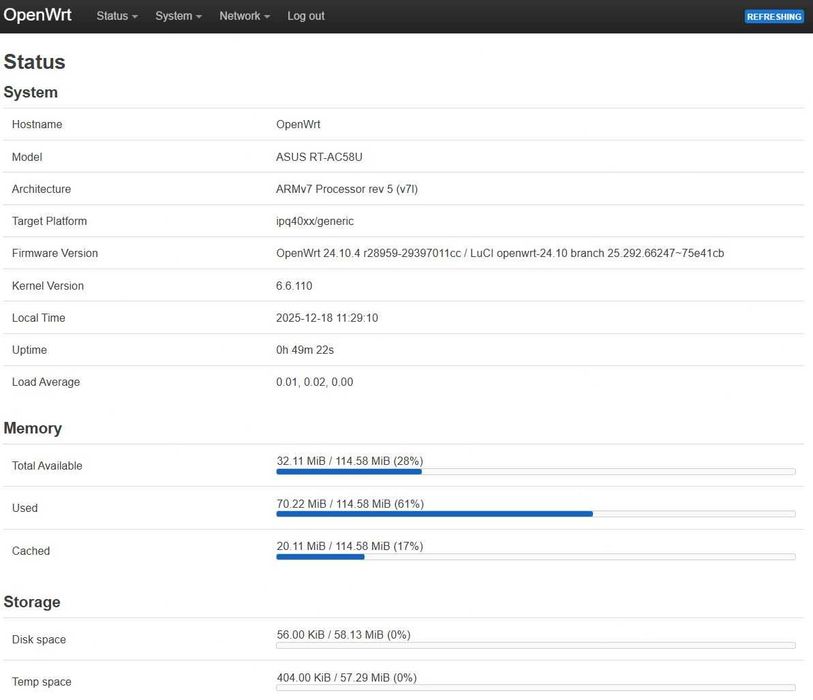 Router ASUS RT-AC58U cu OpenWrt 24.10.4 r28959-29397011cc