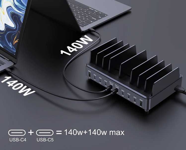 Зарядна станция за таблети, смартфони и лаптопи - Ueetop 600W USB Fast Charge 10-Port GaN Charging Station Laptop Tablet