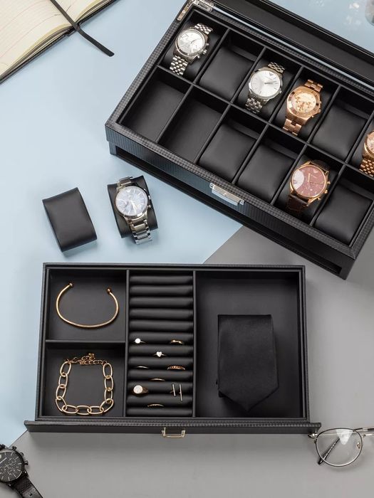 Шкатулка для хранения часов и очков и украшений большая двухуровневая