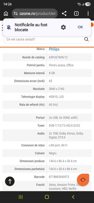 Vând TV Philips 165 cm