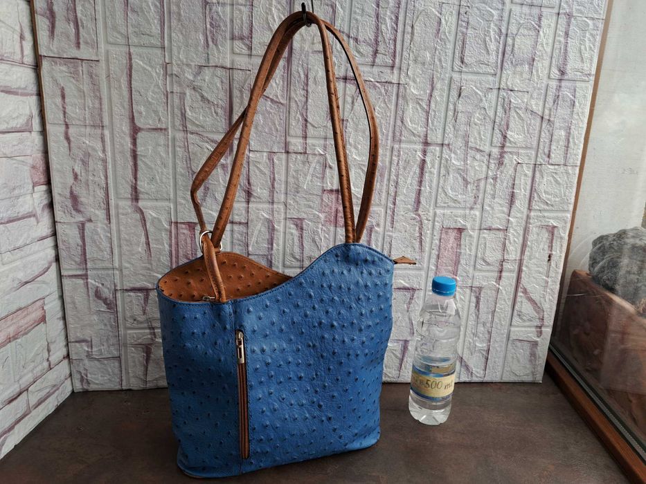 дамска чанта,раница,синя,кожена-естествена кожа