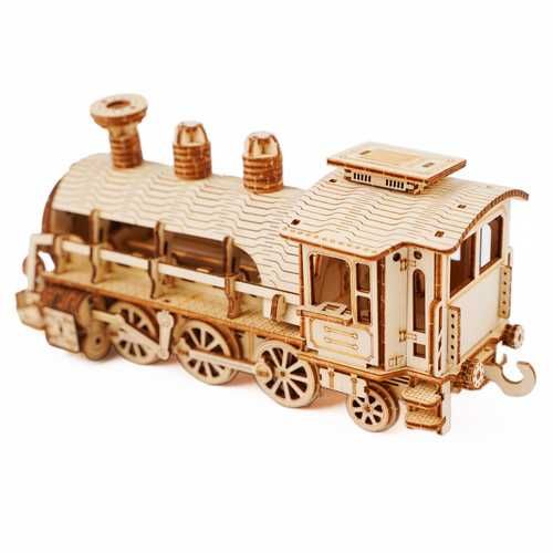 Puzzle 3D locomotiva cu abur si vagon din lemn de asamblat 282 piese