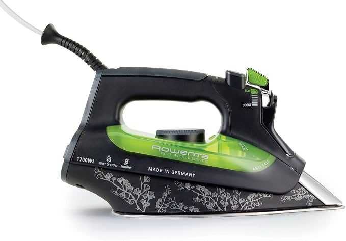 Парна ютия Rowenta DW6330 Eco Intelligence, 2500 W, гладеща повърхност Microsteam400 HD, против прокапване, черна/зелена