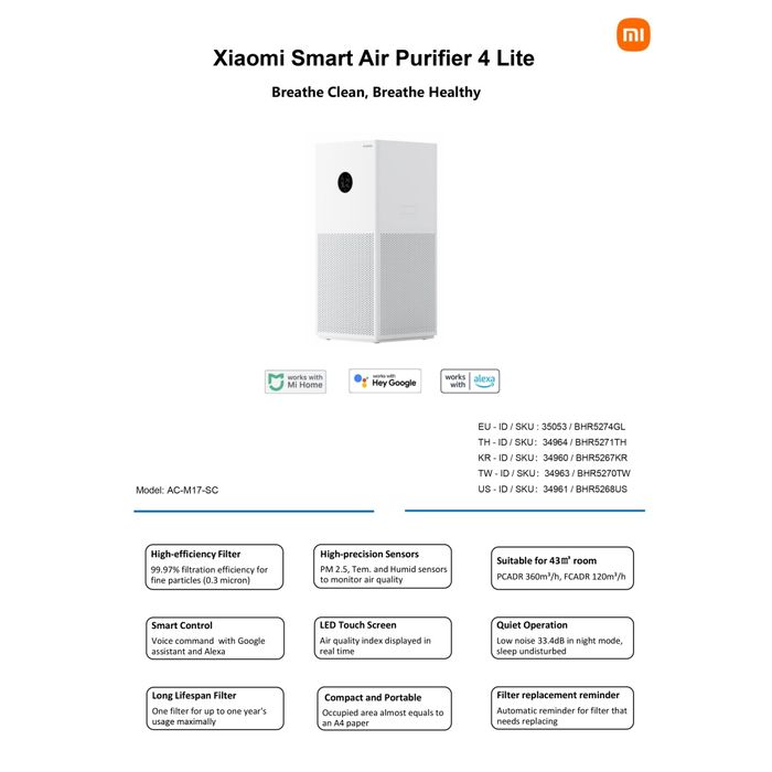 Очиститель Воздуха Xiaomi Smart Air Purifier 4 Lite EU 1 Год Гарантия