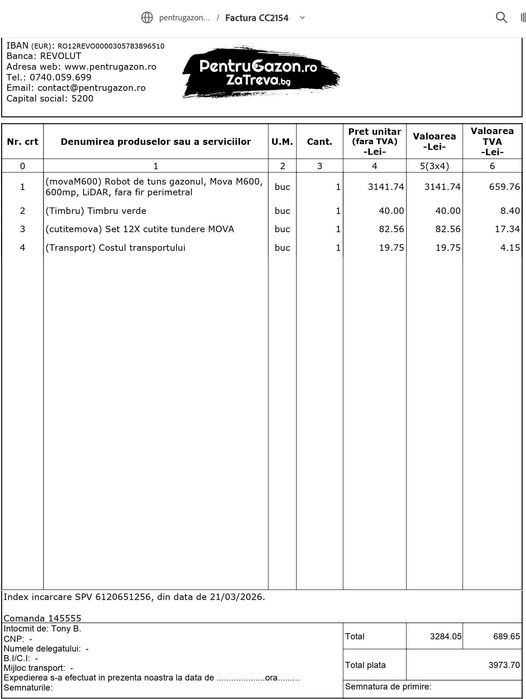 Robot de tuns gazonul, Mova M600, 600mp, LiDAR, fara fir perimetral