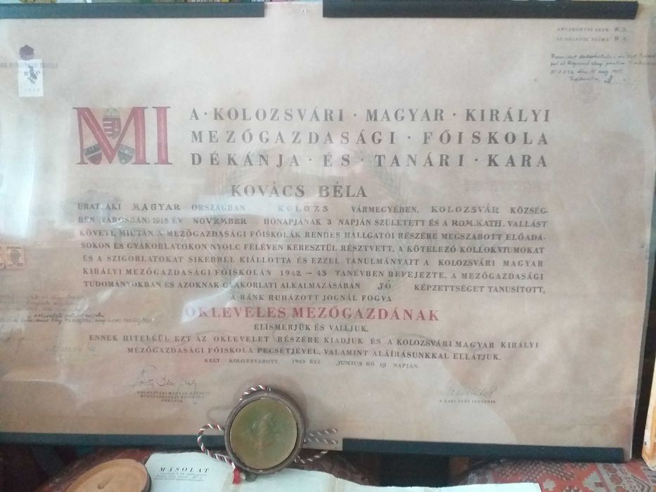 Diploma cu sigiliu de ceara Agronomia Kolozsvar 1941, 1943