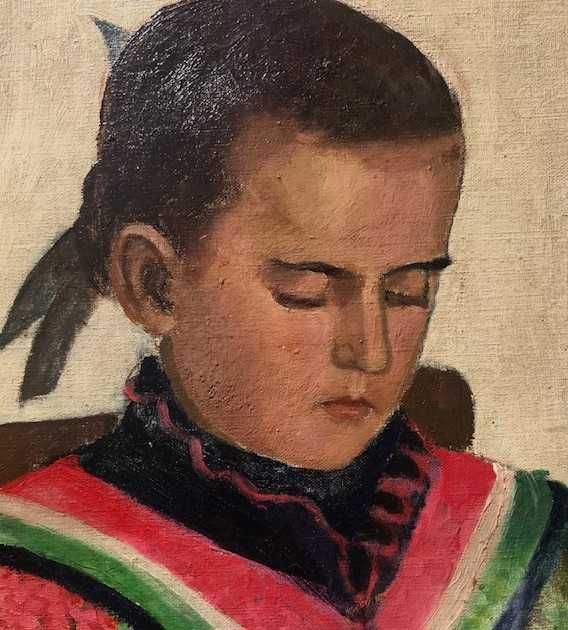 Scoala maghiara. "Fetita crosetand" U/pz, F VECHI , 66cu50