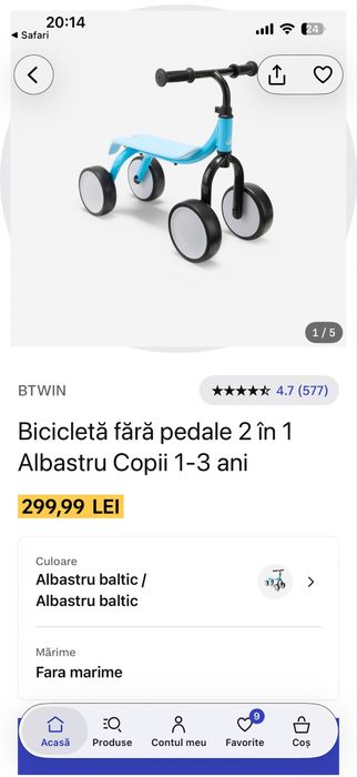 Trotineta copii BTWIN Decathlon 1-3 ani roti ajustabile
