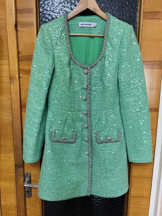 Self-Portrait Sequined Bouclé Mini Dress – Green