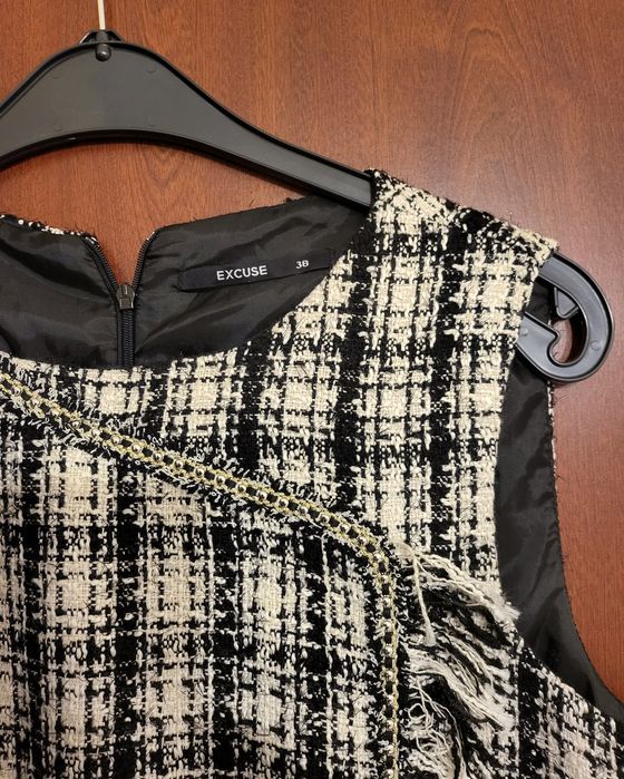 Rochie din tweed alb-negru, scurtă, stil franțuzesc A-Line, nr.38,
