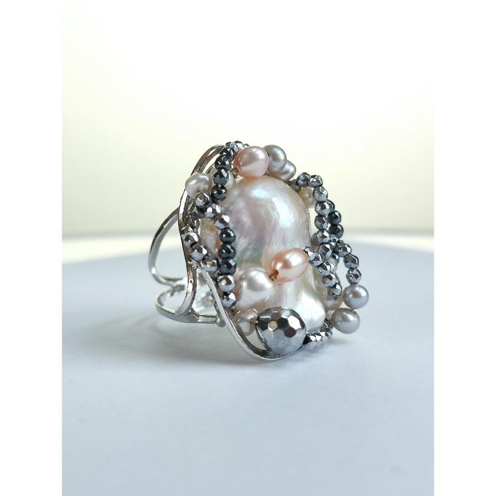 Inel Miracle din argint cu perlă baroc și hematit natural