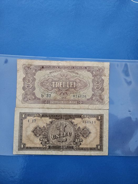 Bancnote, bani vechi 3 lei si 1 leu  1952