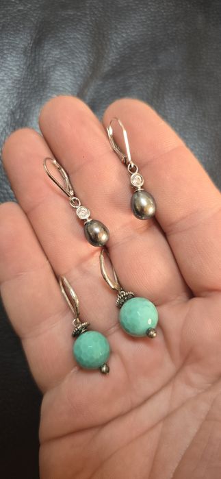 Cercei argint perle negre naturale și turcoaz