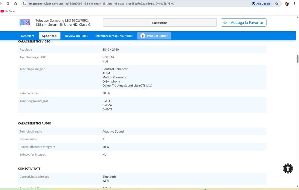 Televizor Samsung LED 55CU7092, 138 cm, Smart, 4K Ultra HD, Clasa A