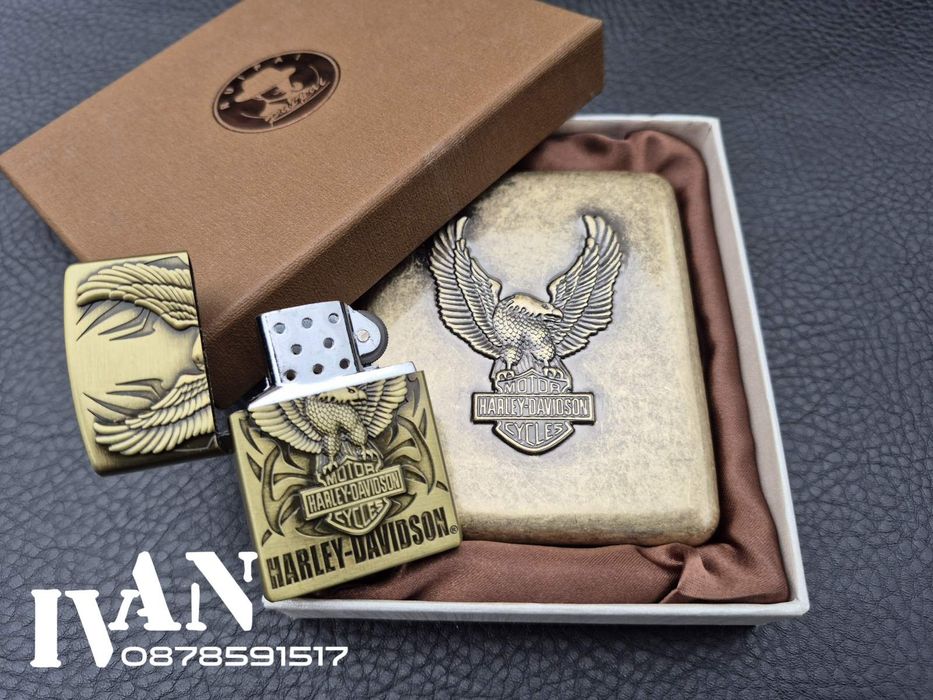 Табакера и газова запалка от месинг Harley Davidson