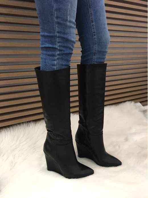 Cizme lungi din piele cu fermoar